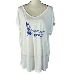Style & Co 0X-Large Top Graphic Dolman Sleeve V-Neck Semi-Sheer White "Buoy Bye"